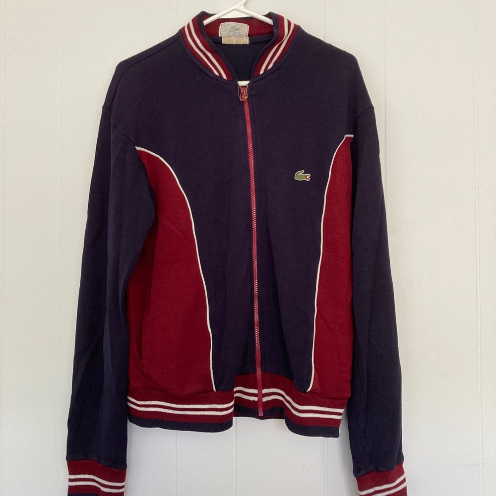 Vintage Lacoste Track Jacket Zippered Cardifan Size Medium Blue Burgundy